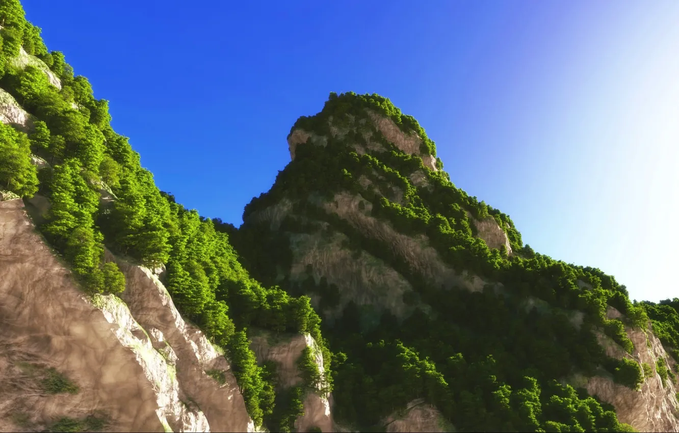 Photo wallpaper the sky, trees, mountains, rocks, hills, art