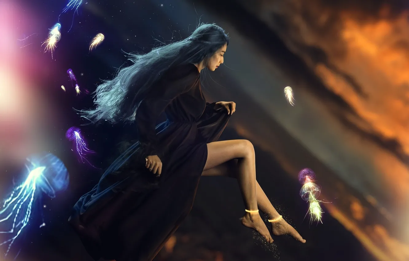 Photo wallpaper girl, creative, jellyfish, girl, Asian, long hair, under water, in black