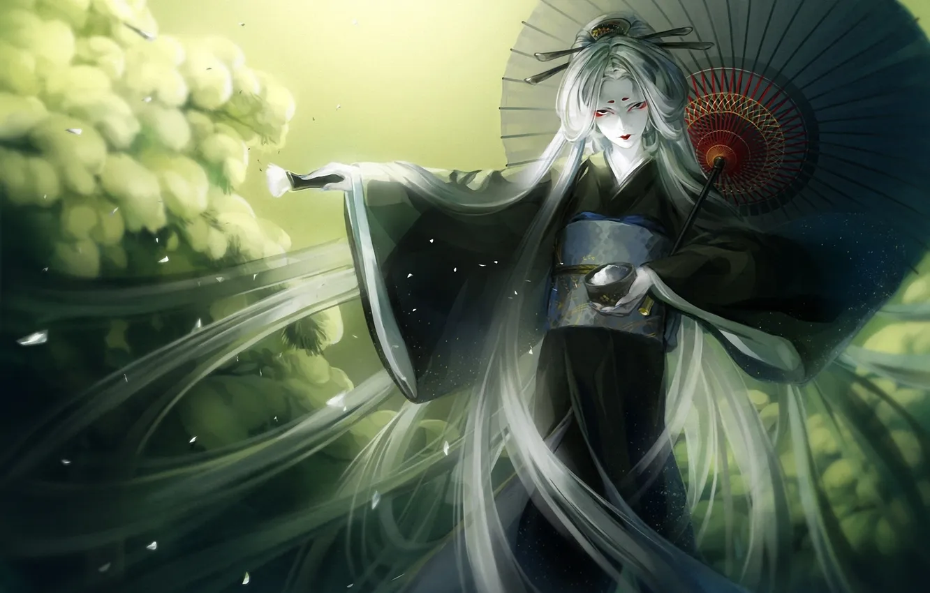 Photo wallpaper girl, umbrella, art, kimono, brush, the bushes, white hair, bowl