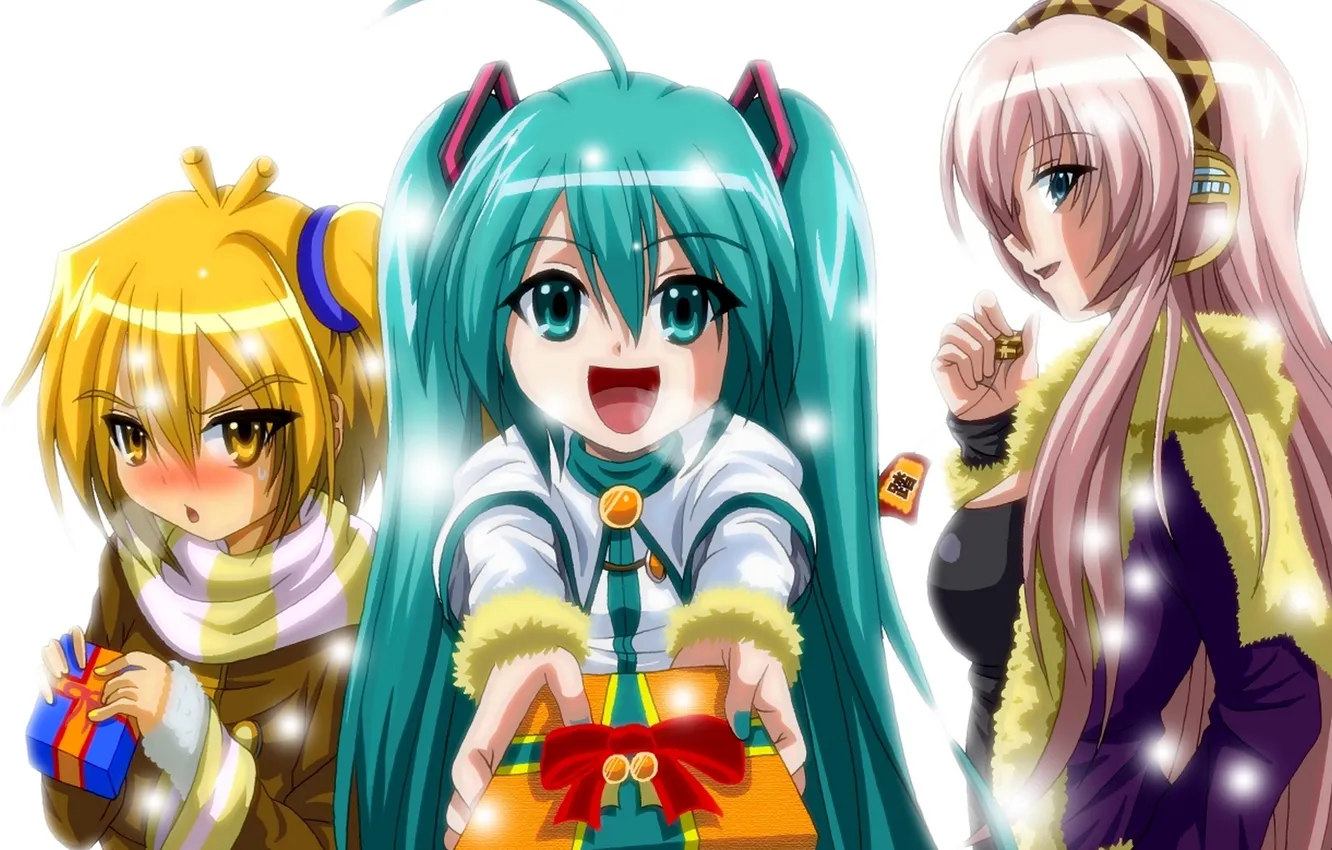 Photo wallpaper winter, girl, holiday, gift, headphones, art, pair, vocaloid