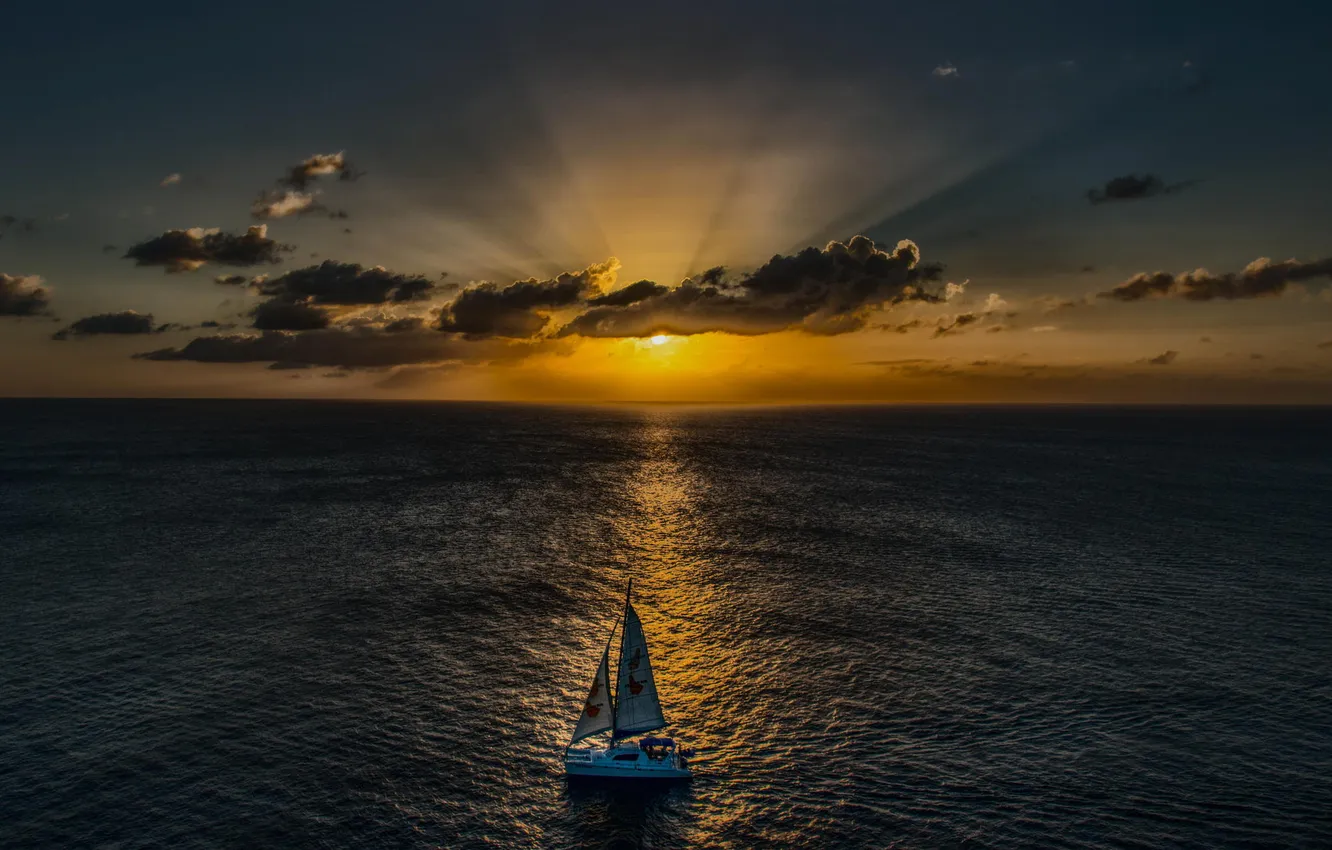Photo wallpaper sea, the sky, dawn, sailboat, yacht, horizon