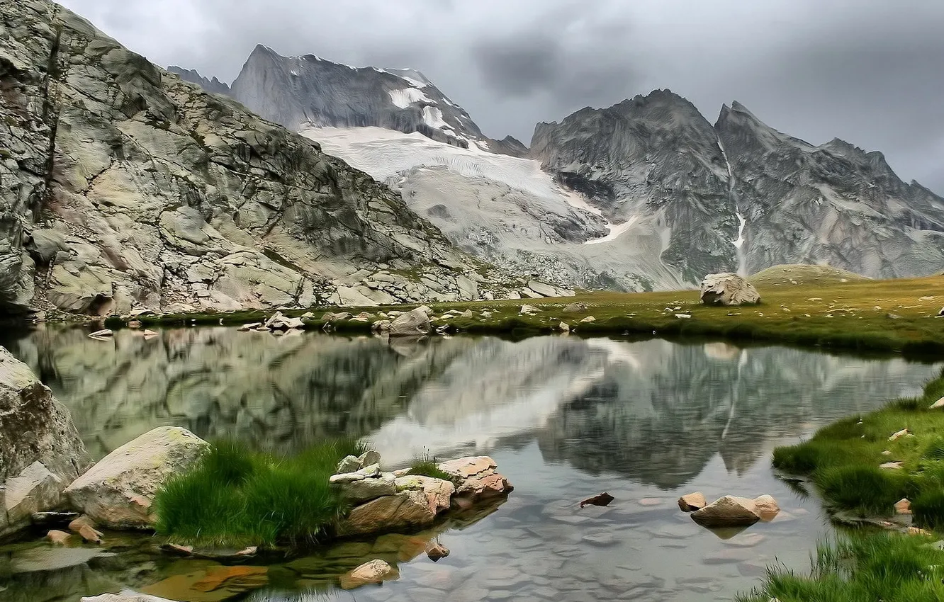 Photo wallpaper the sky, grass, clouds, mountains, lake, stones