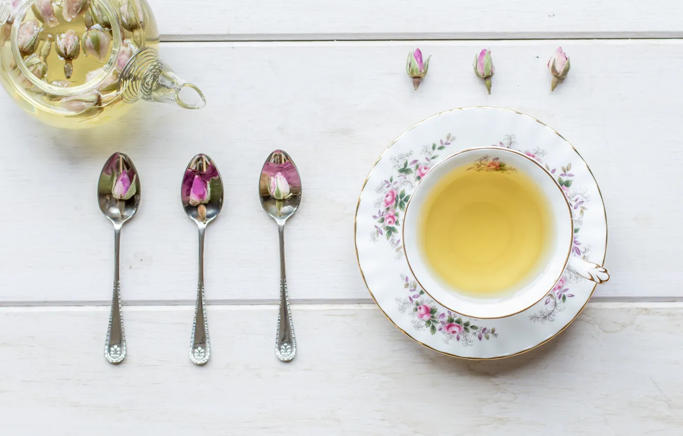 Photo wallpaper tea, kettle, buds, spoon