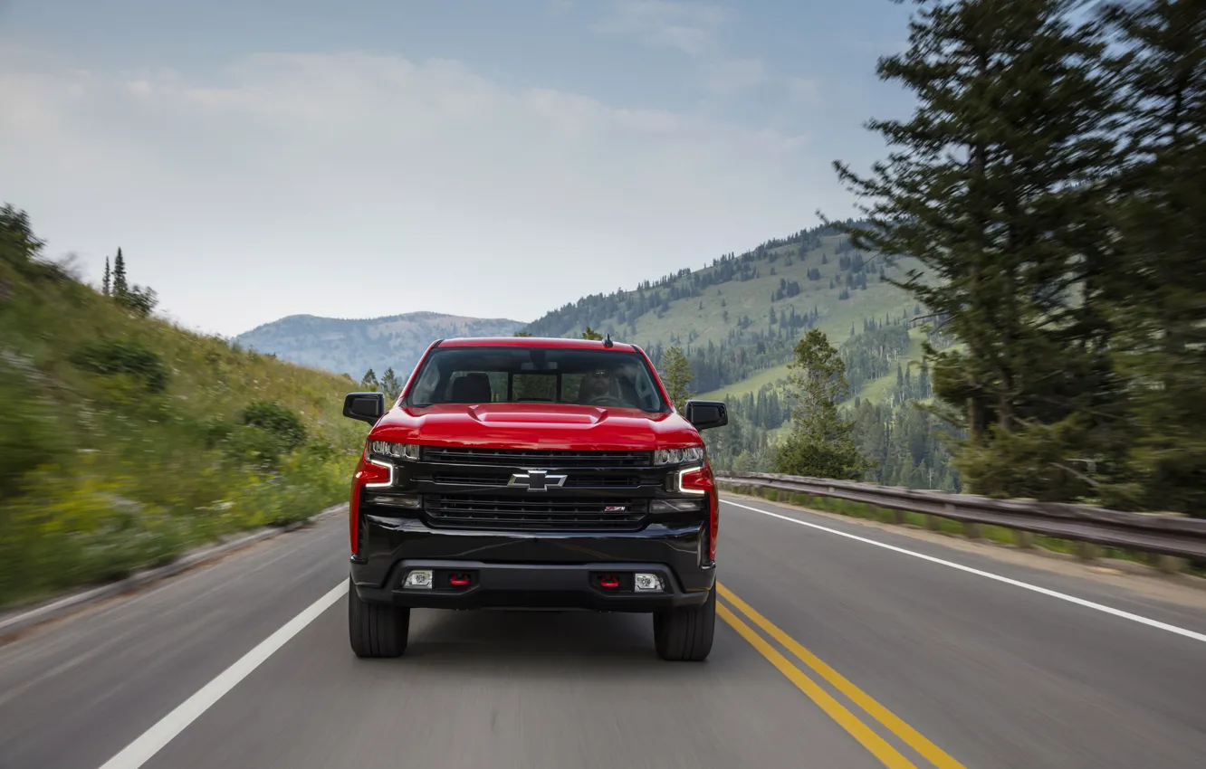 Photo wallpaper red, Chevrolet, front view, pickup, Silverado, Z71, Trail Boss, 2019