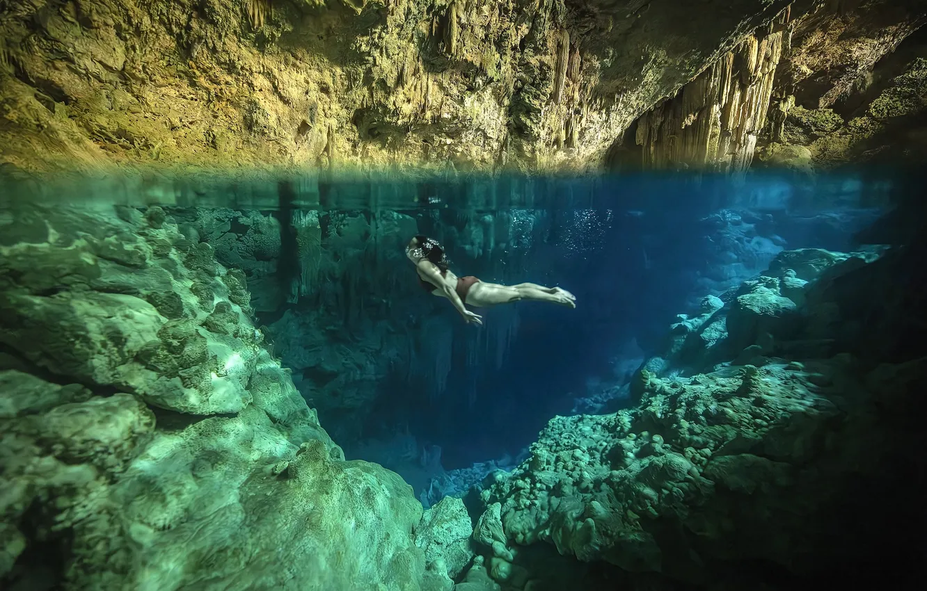 Photo wallpaper water, girl, light, mountains, lake, stones, rocks, shore