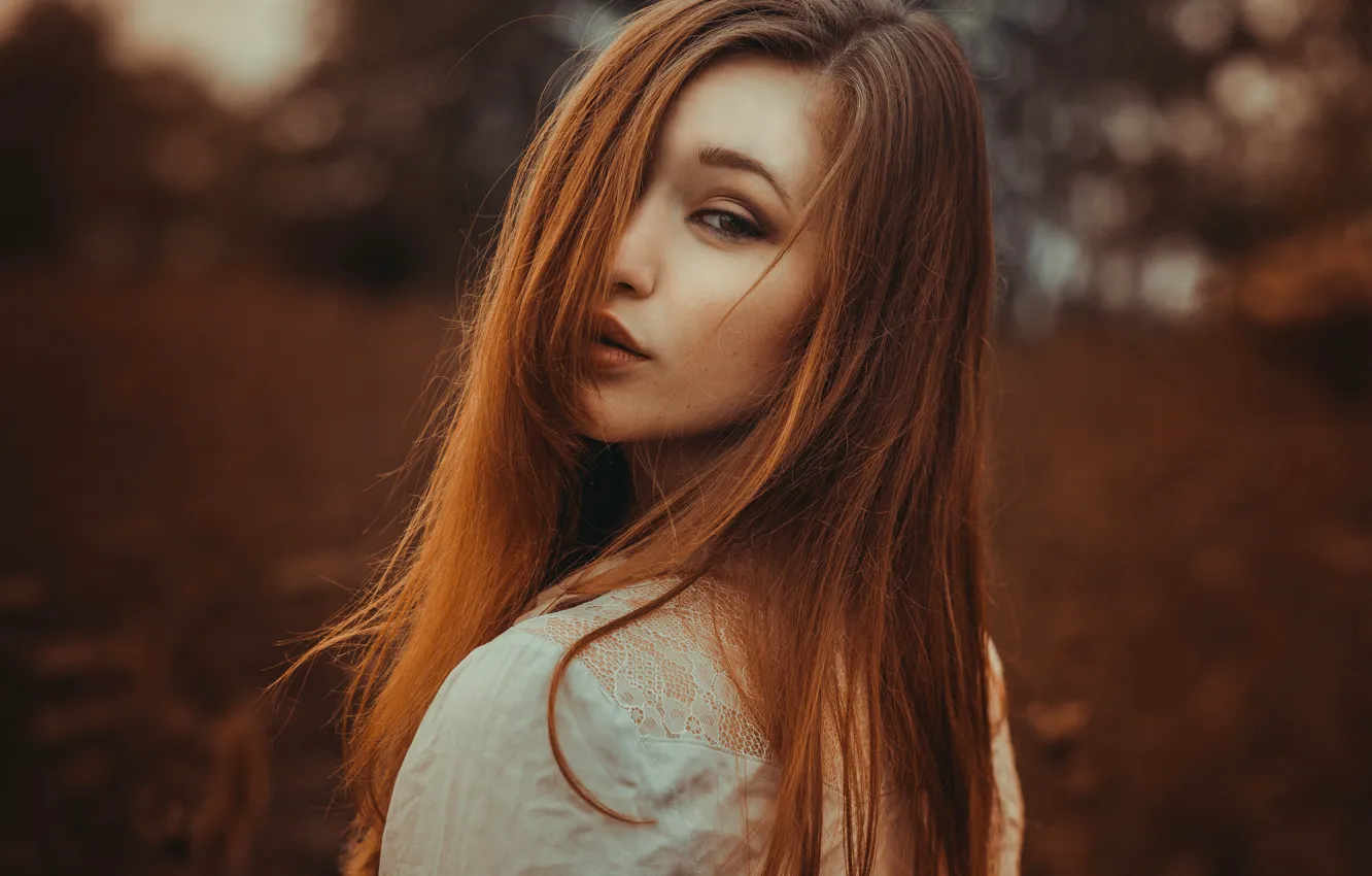 Photo wallpaper look, girl, background, lips, brown hair