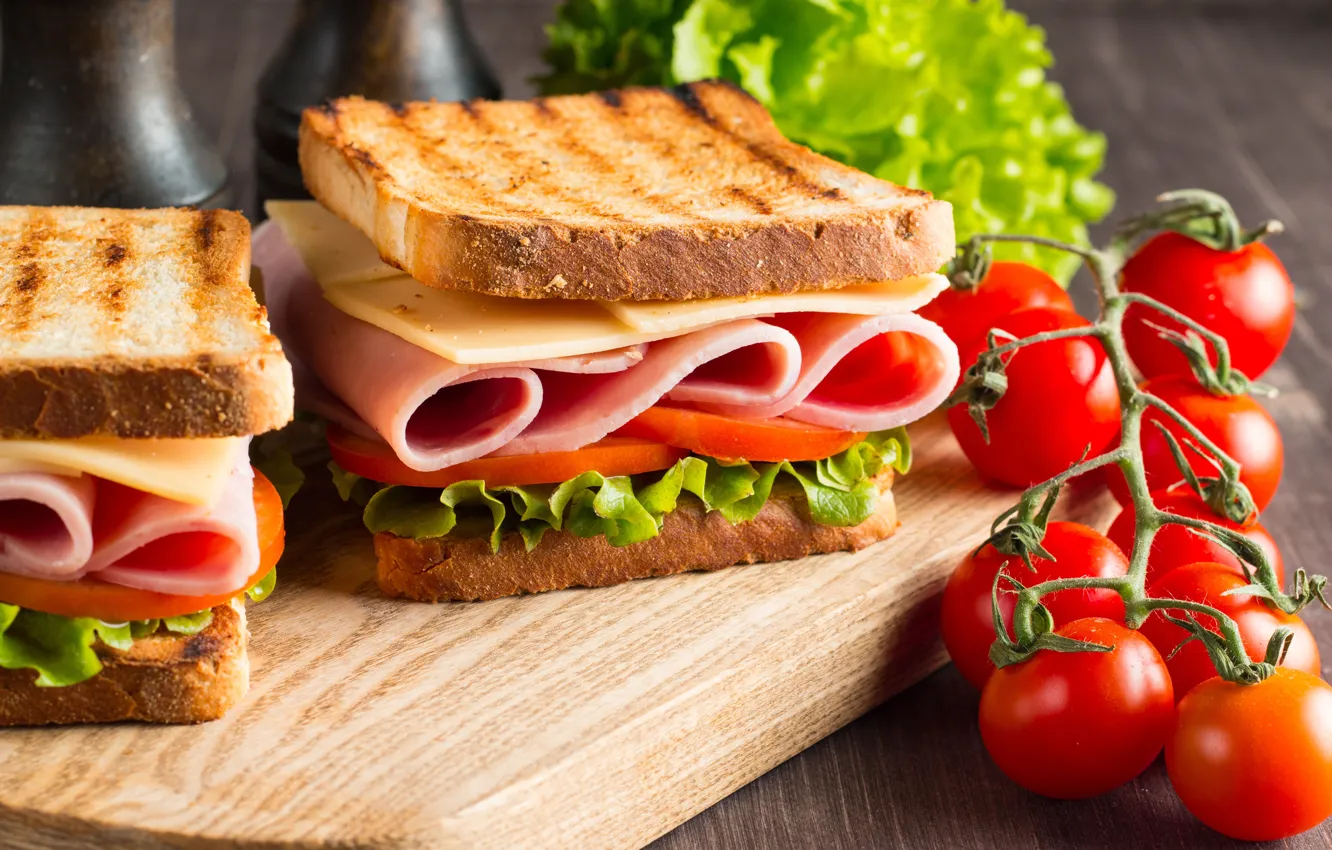 Photo wallpaper food, cheese, sausage, toast, sandwiches, tomatoes-cherry