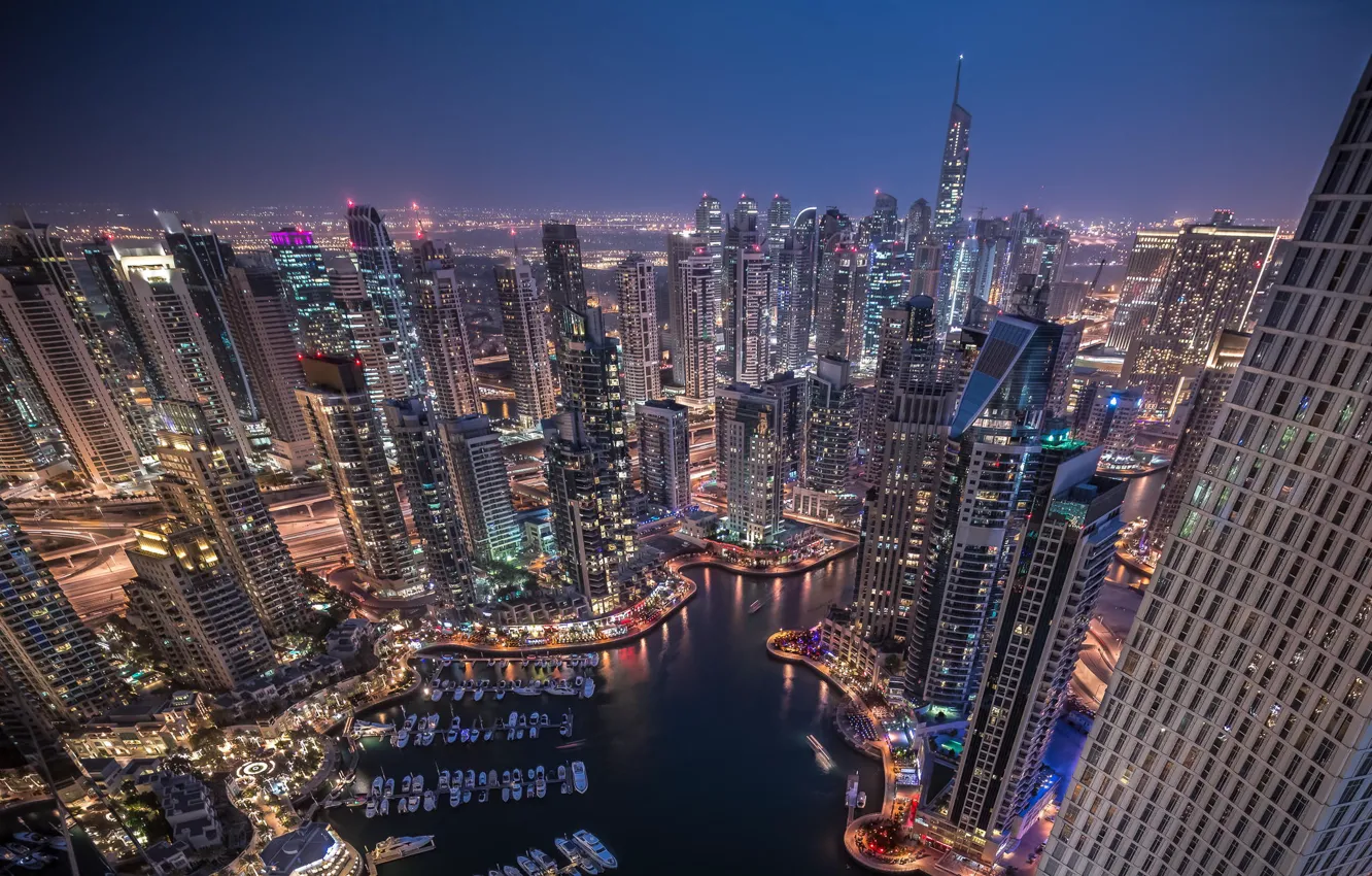Photo wallpaper night, the city, reflection, skyscraper, Bay, yachts, Dubai, piers