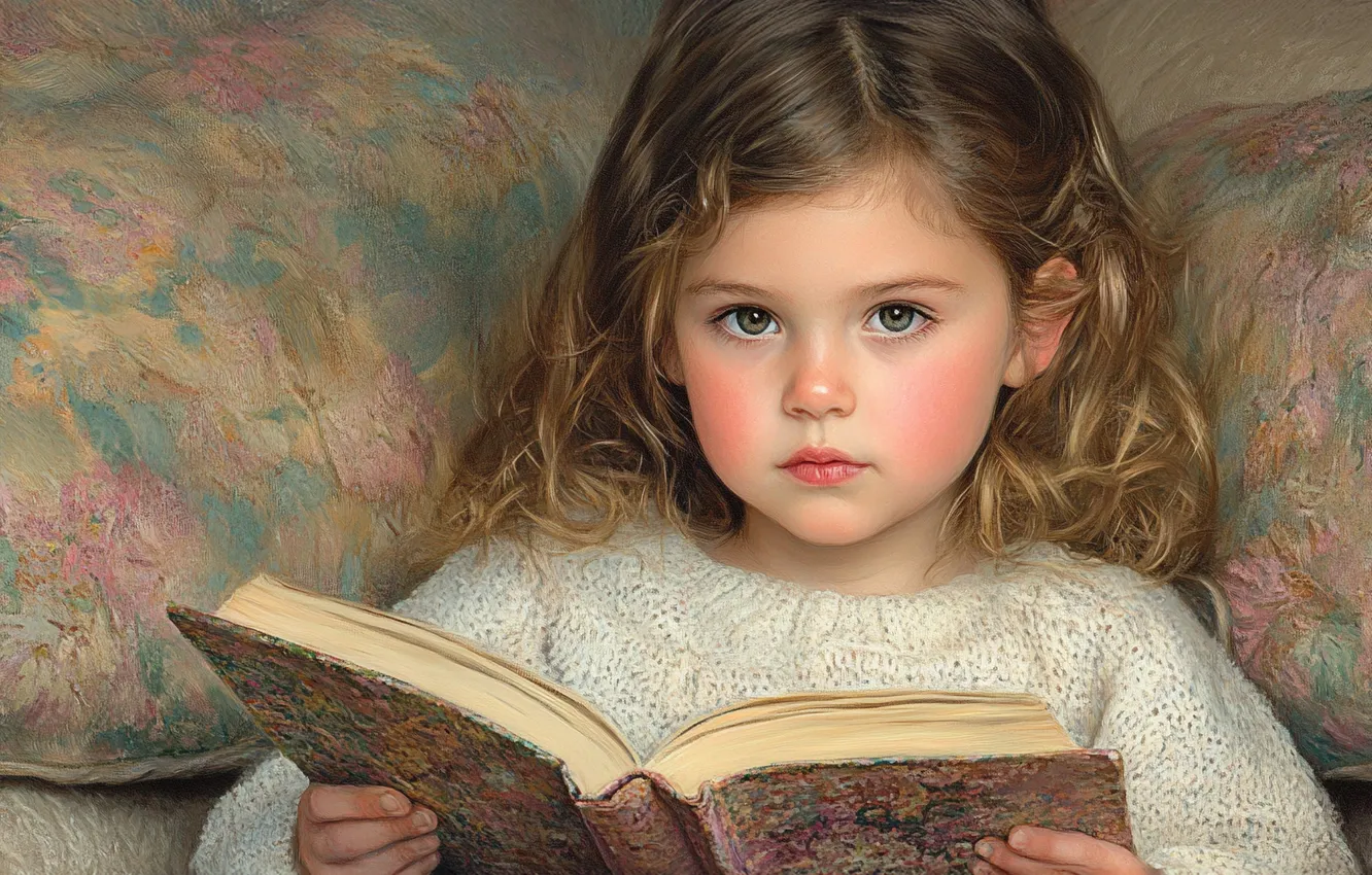 Photo wallpaper look, girl, book, reading, imitation painting, AI art, neural network