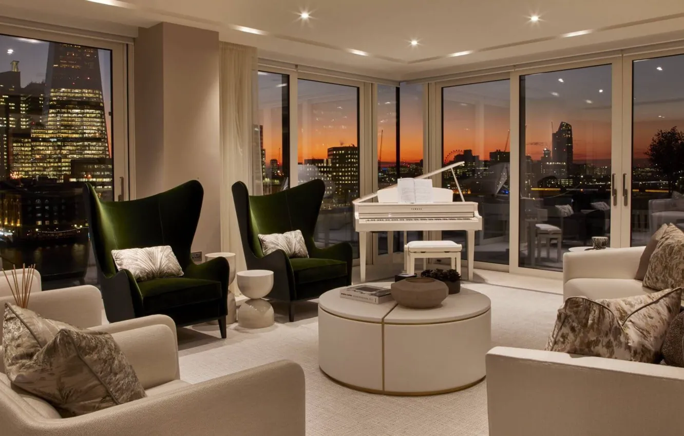 Photo wallpaper design, style, room, interior, piano, megapolis, living room