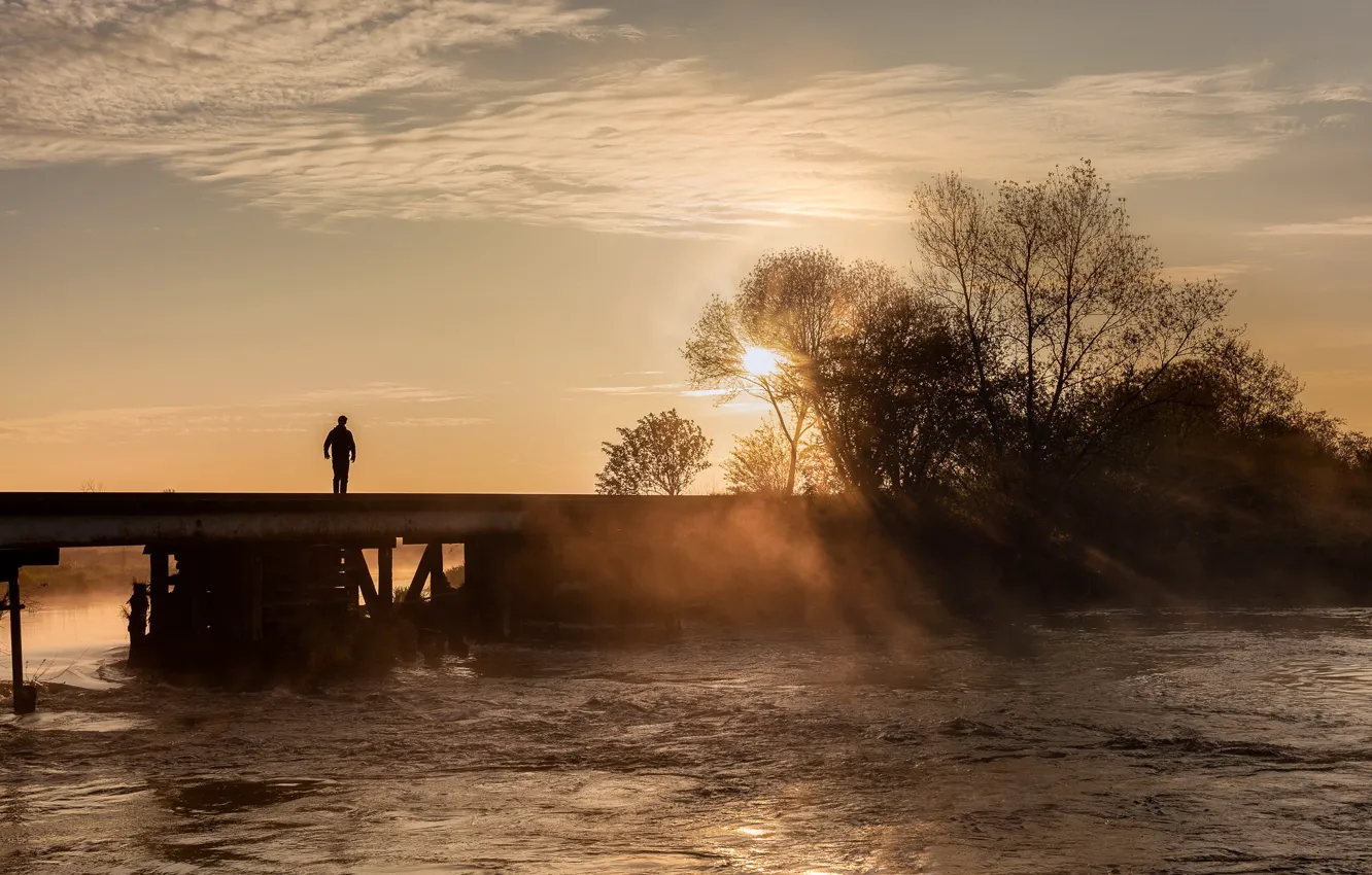 Photo wallpaper bridge, nature, fog, people, morning