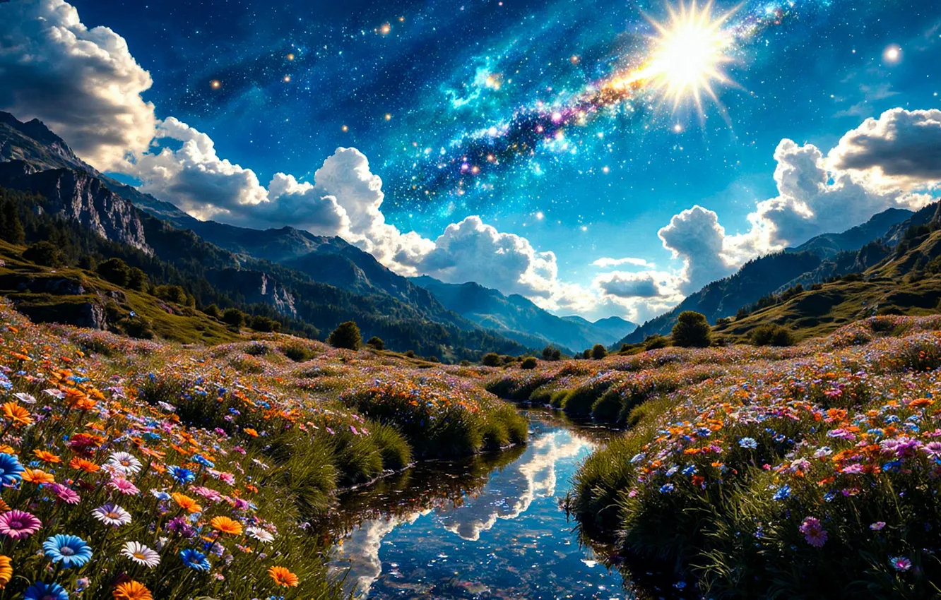 Photo wallpaper the sky, clouds, trees, flowers, river, stream