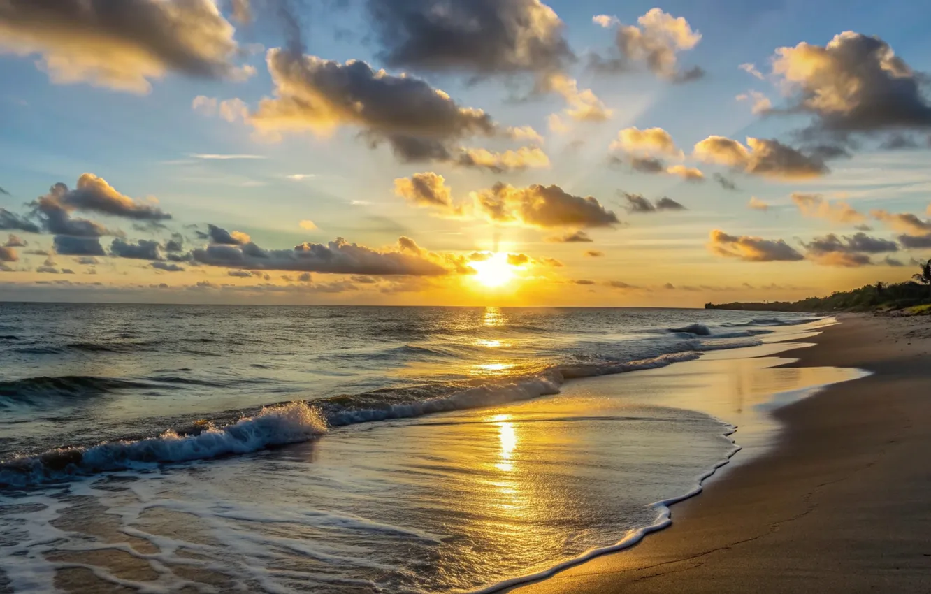 Photo wallpaper sand, sea, wave, beach, summer, the sky, sunset, clouds
