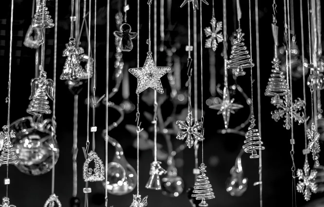 Photo wallpaper stars, snowflakes, the dark background, tree, angels, New Year, Christmas, glass