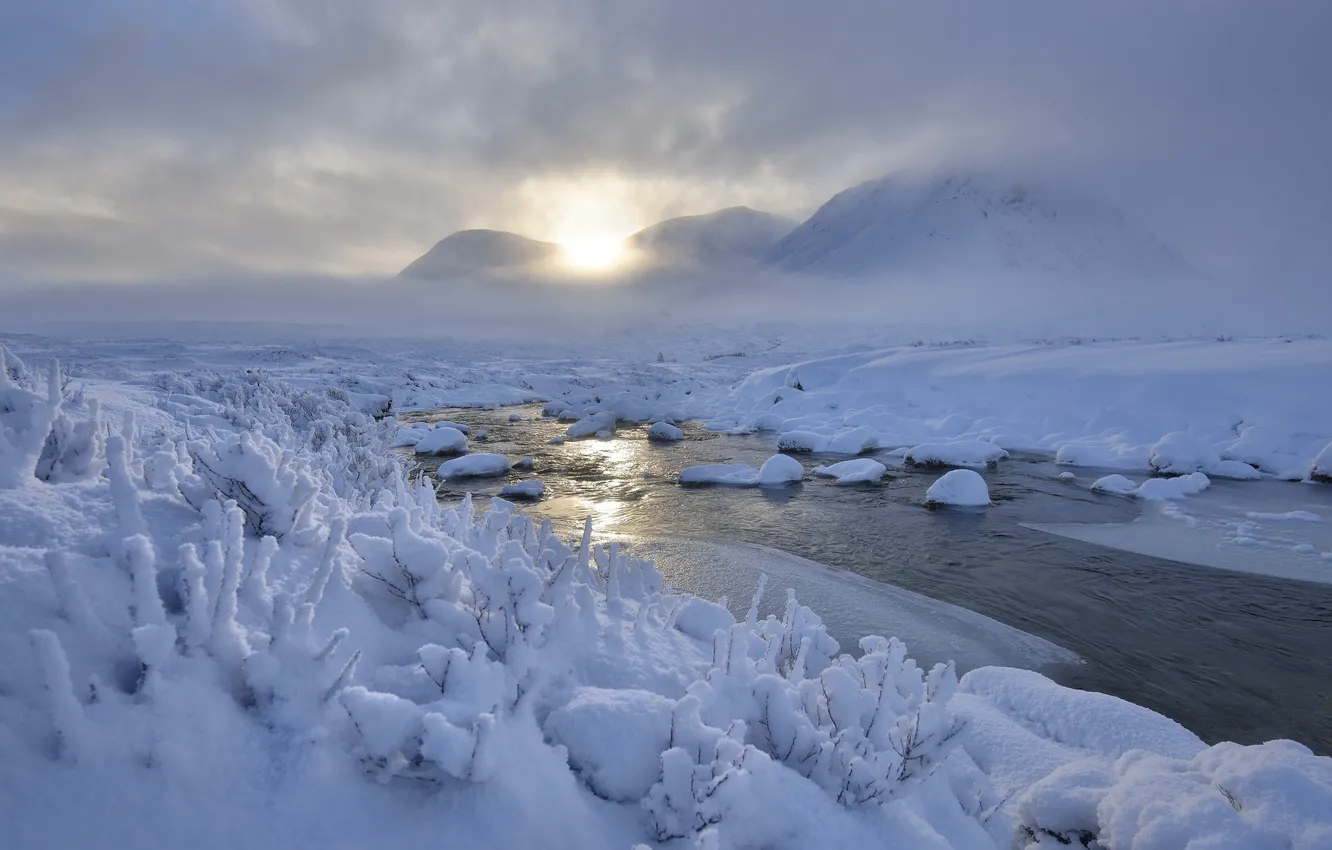 Photo wallpaper snow, mountains, river, morning
