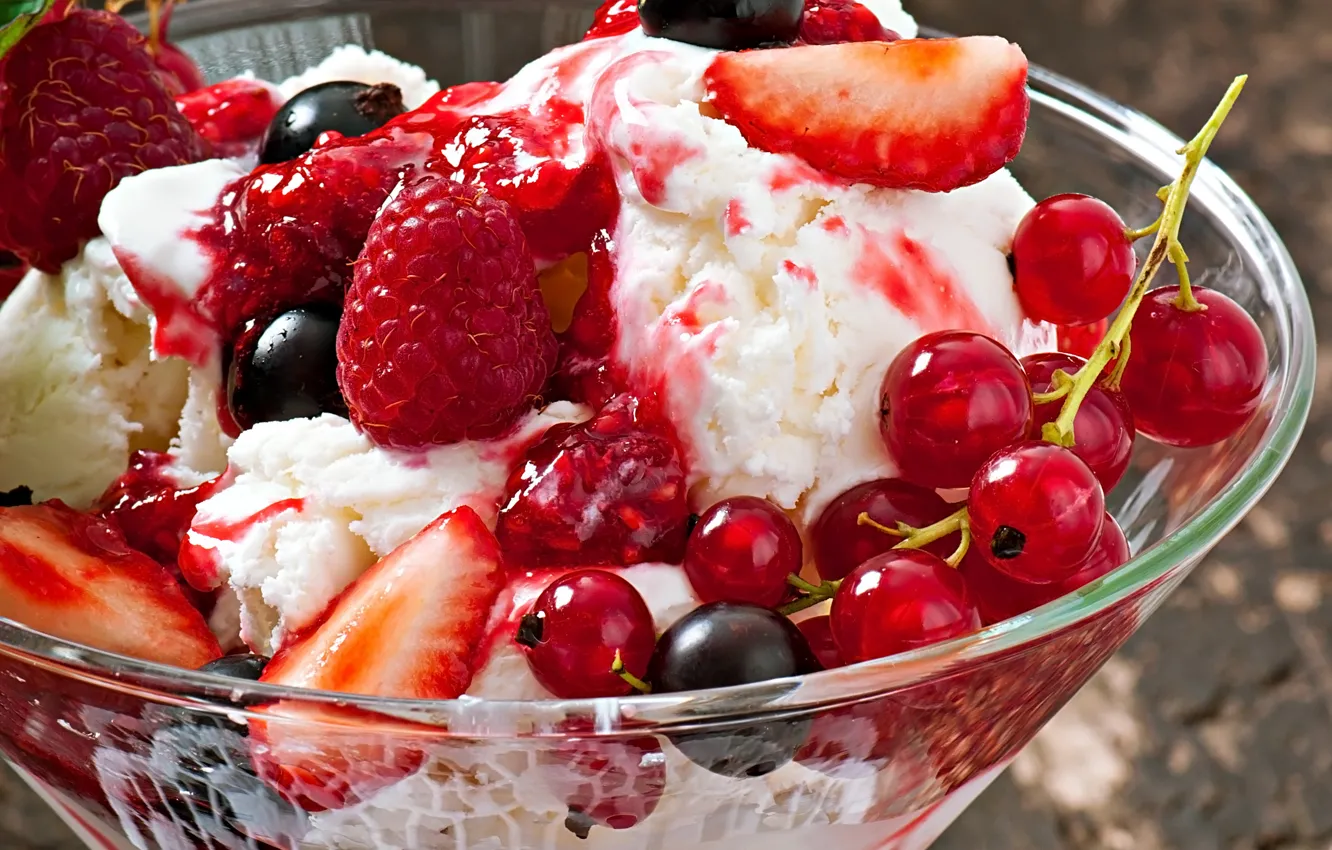Photo wallpaper photo, Strawberry, Sweets, Food, Raspberry, Ice cream, Currants