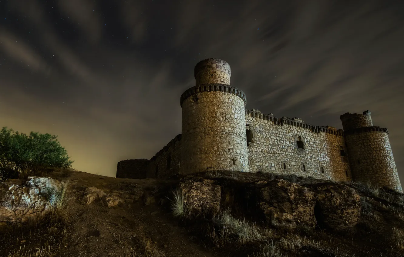 Photo wallpaper the sky, clouds, night, darkness, castle, wall, hills, romance
