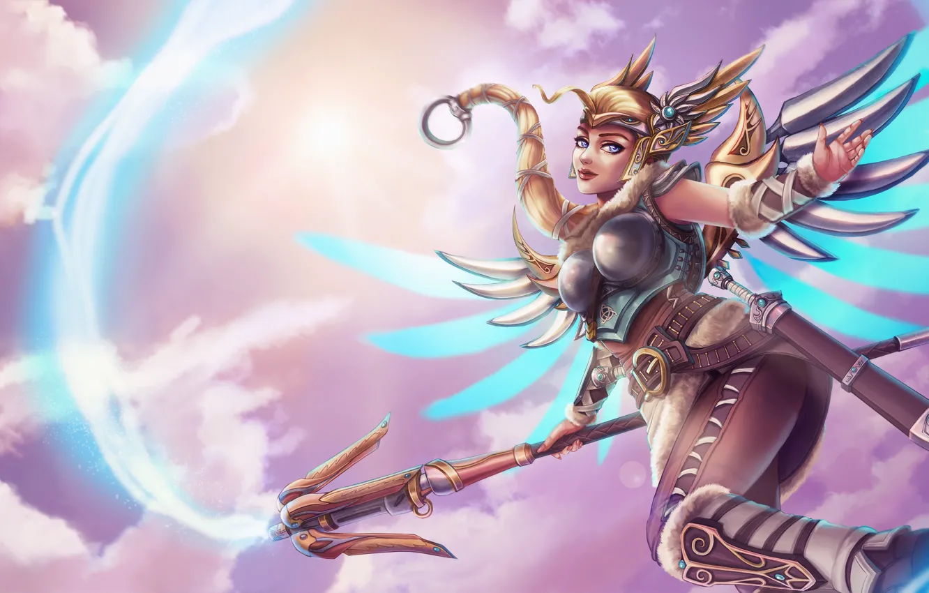 Photo wallpaper the sky, girl, clouds, wings, goddess, fan art, Valkyrie, Overwatch
