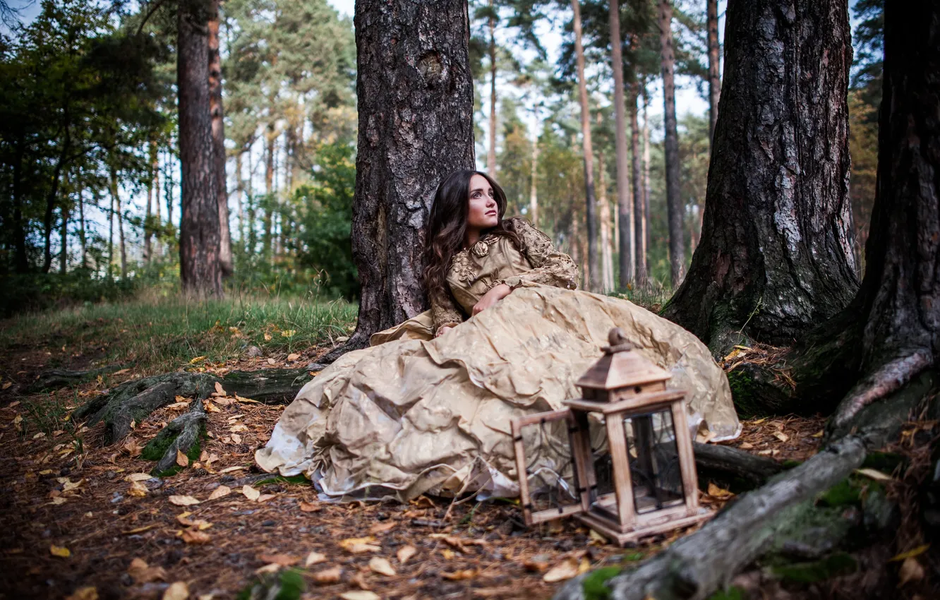 Photo wallpaper forest, girl, dress