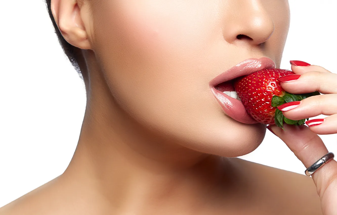Photo wallpaper girl, background, hands, ring, strawberry, lips, profile