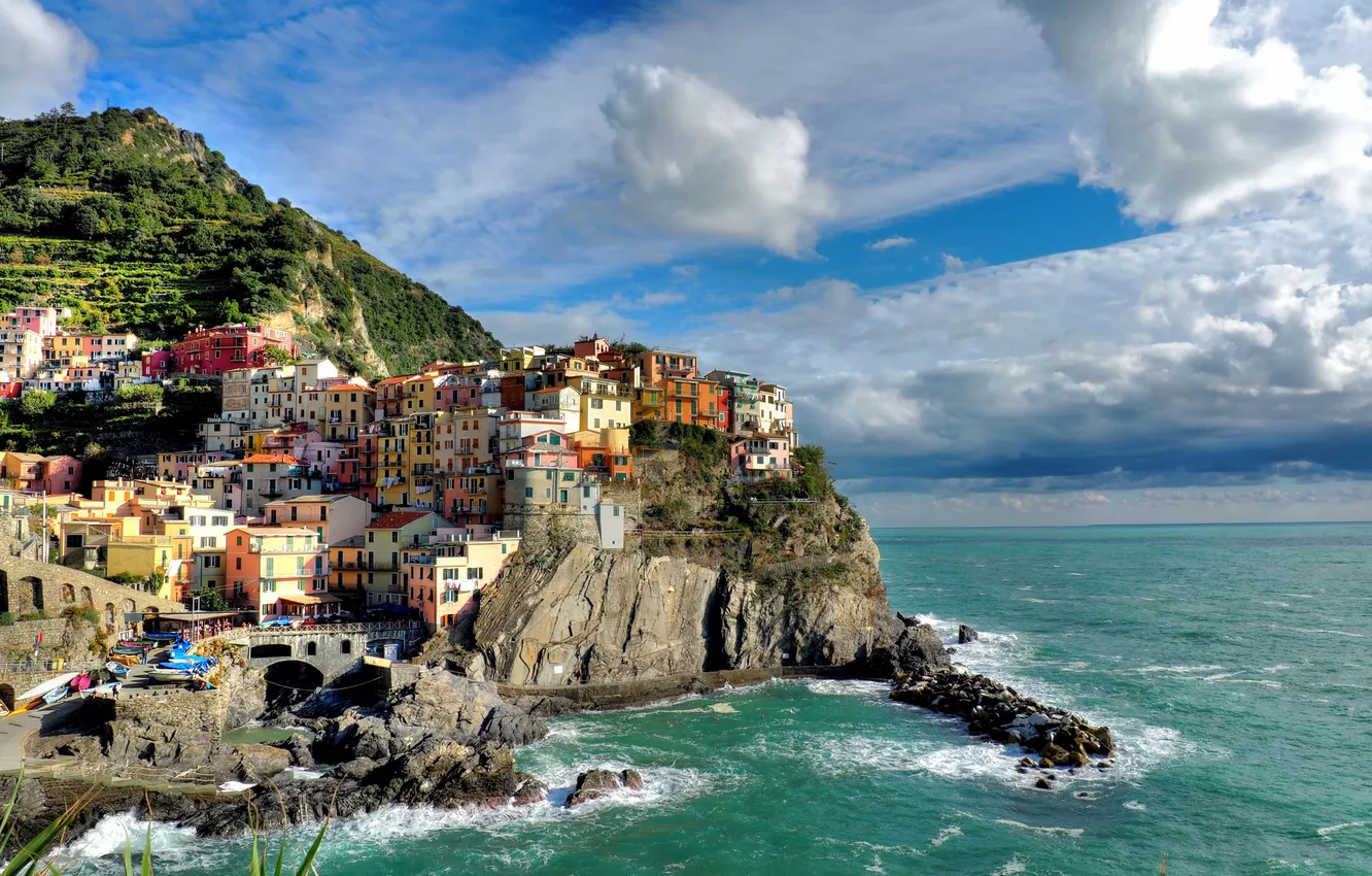 Photo wallpaper sea, clouds, landscape, rocks, home, Italy, Manarola, Cinque Terre