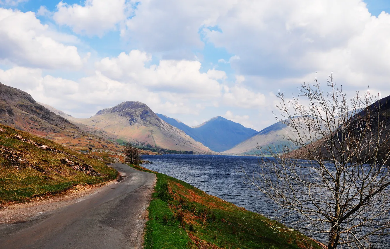Photo wallpaper road, the sky, clouds, trees, mountains, lake