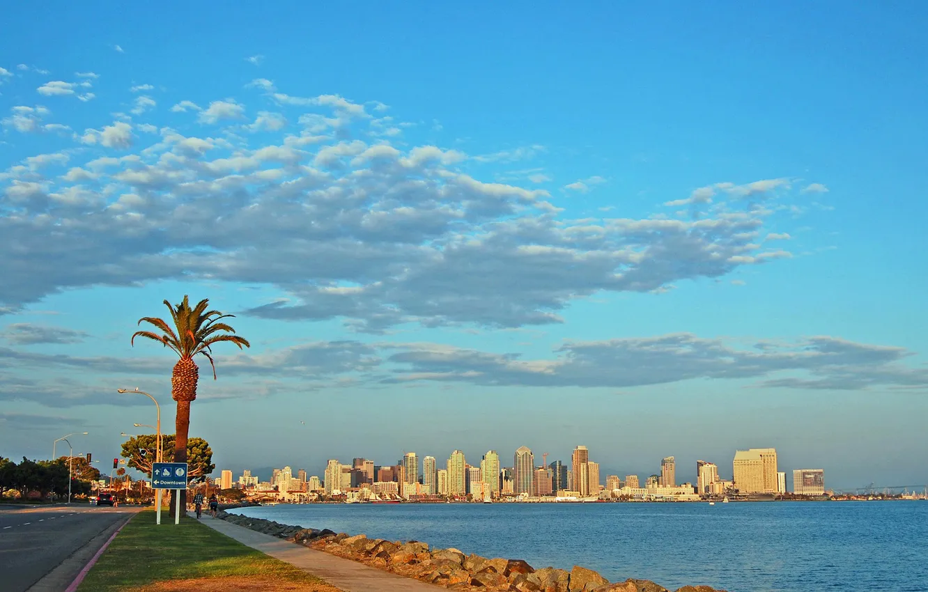Photo wallpaper road, the sky, clouds, palm trees, home, CA, Bay, USA