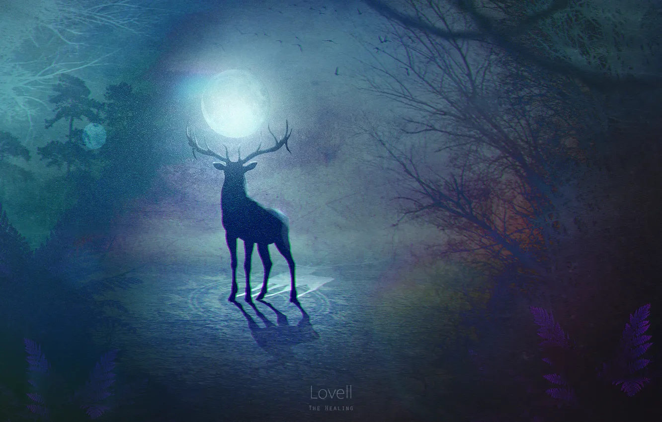 Photo wallpaper surrealism, the moon, deer, by Mike-Uriel