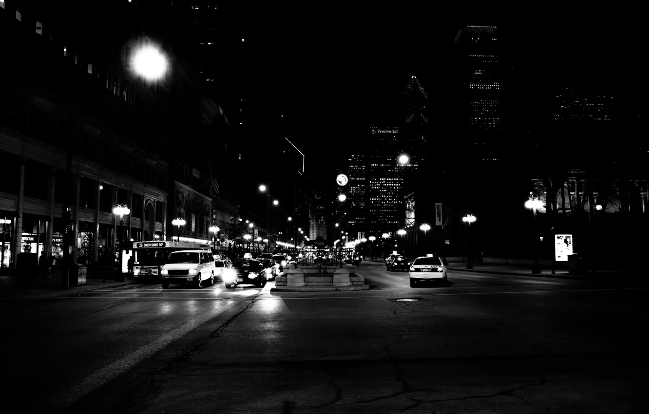 Photo wallpaper machine, night, street, building, skyscrapers, Chicago, taxi, USA