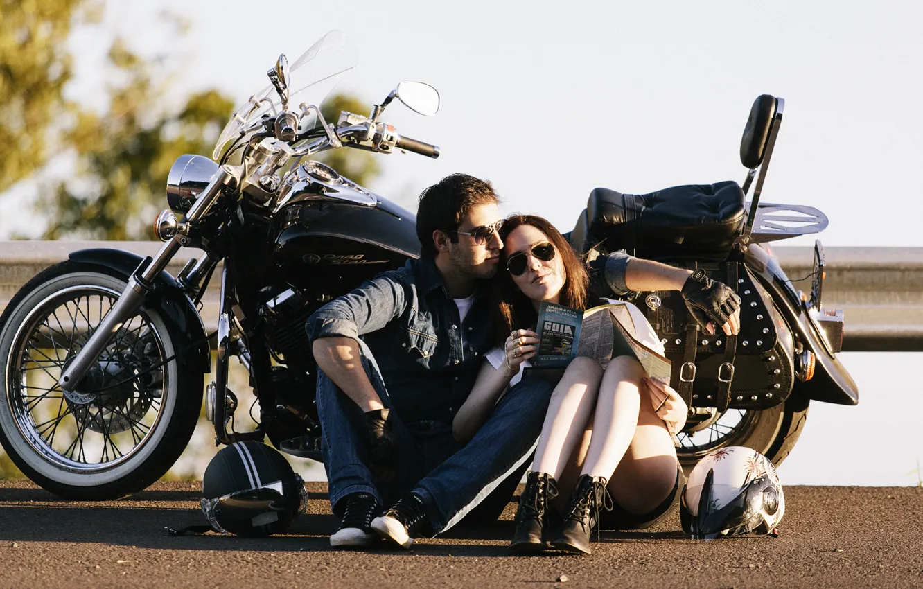 Photo wallpaper sunshine, road, woman, motorcycle, couple, helmets, shadow, male
