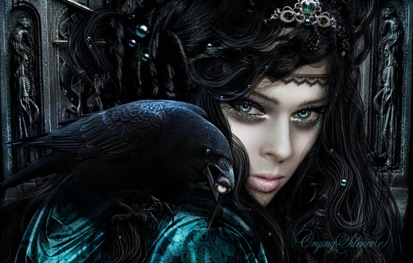 Photo wallpaper look, girl, bird, photoshop, makeup, crows, Raven, photoart