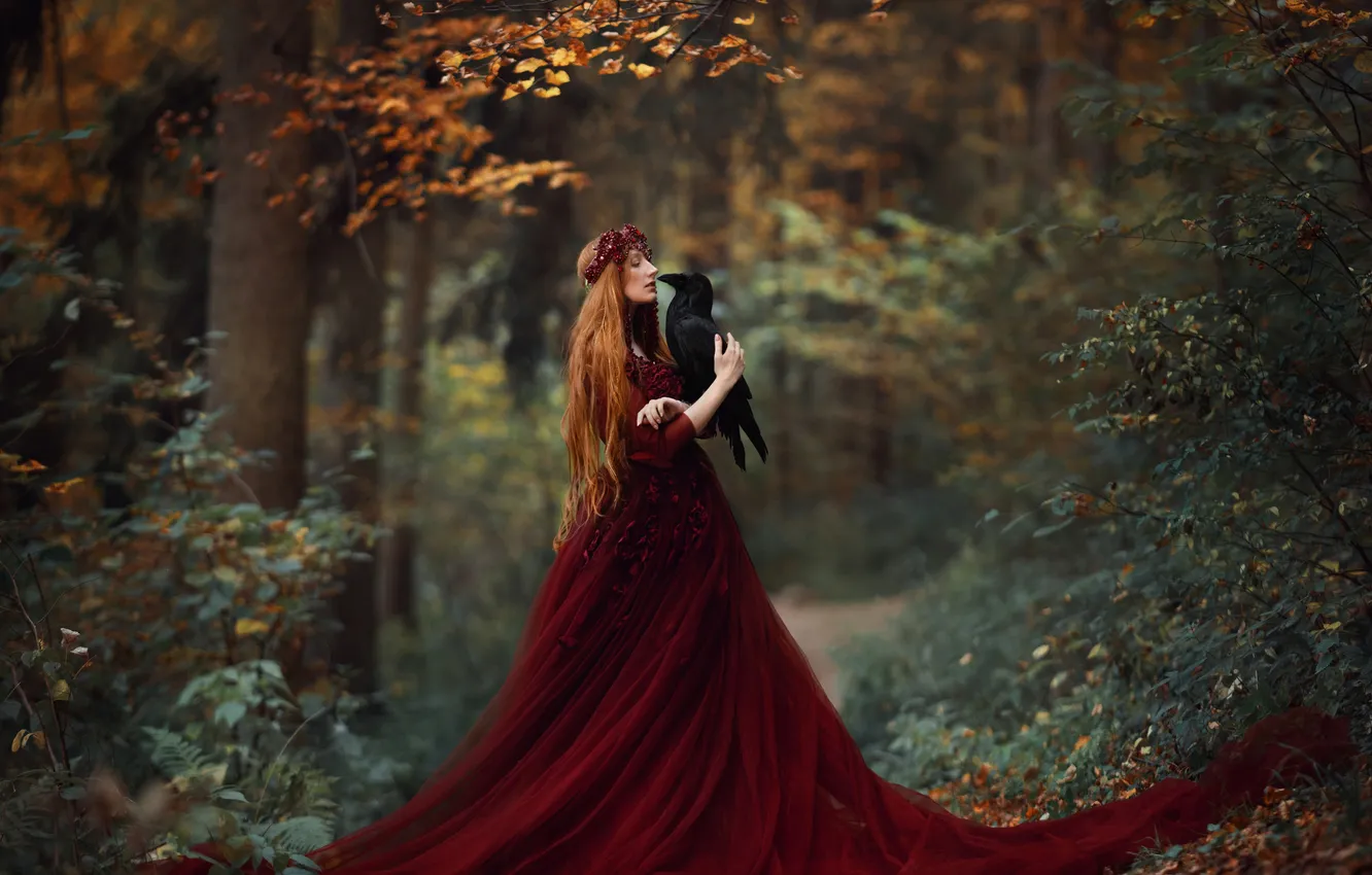 Photo wallpaper autumn, forest, girl, nature, pose, style, bird, costume