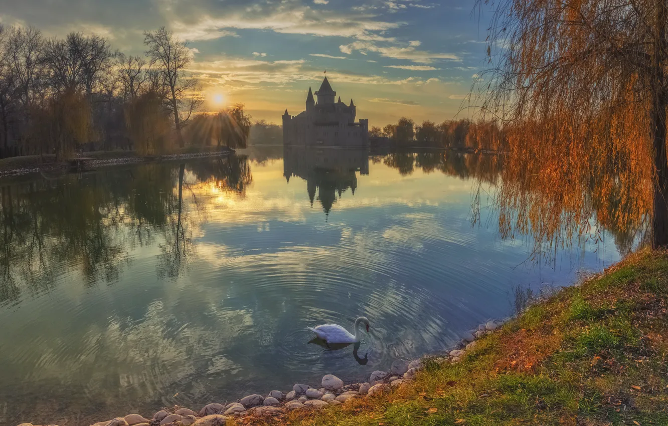 Photo wallpaper autumn, the sun, rays, landscape, nature, lake, castle, bird