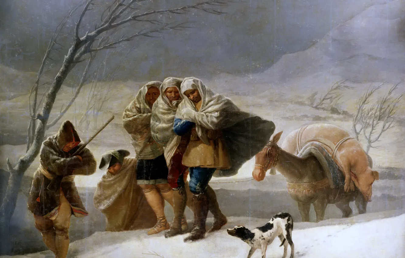 Photo wallpaper animals, people, Winter, picture, travelers, genre, Francisco Goya, Blizzard