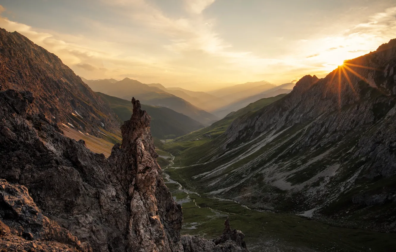 Photo wallpaper summer, the sky, the sun, clouds, rays, mountains, nature, fog