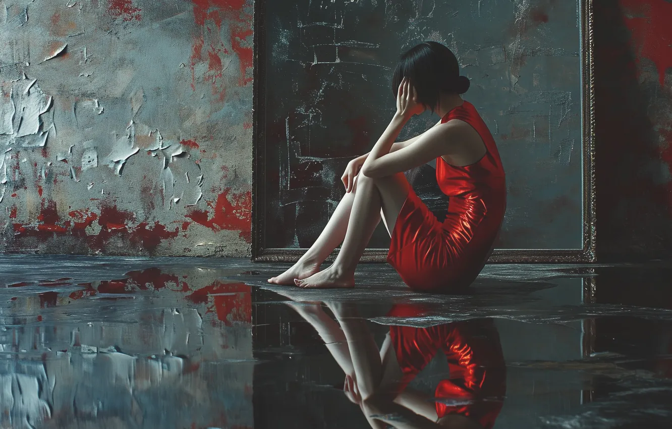 Photo wallpaper girl, pose, reflection, wall, brunette, hairstyle, spot, floor