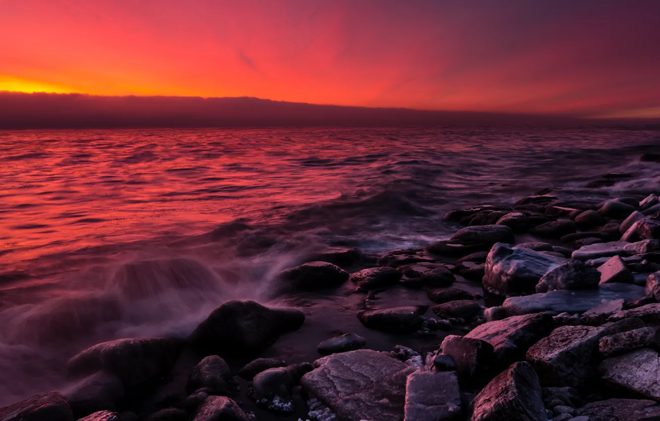 Photo wallpaper sand, sea, wave, the sky, sunset, red, clouds, stones