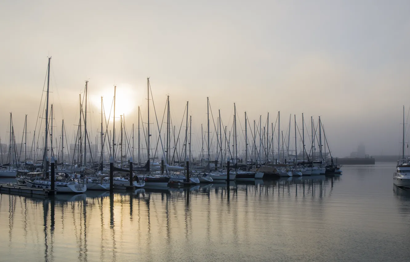 Photo wallpaper fog, boat, port