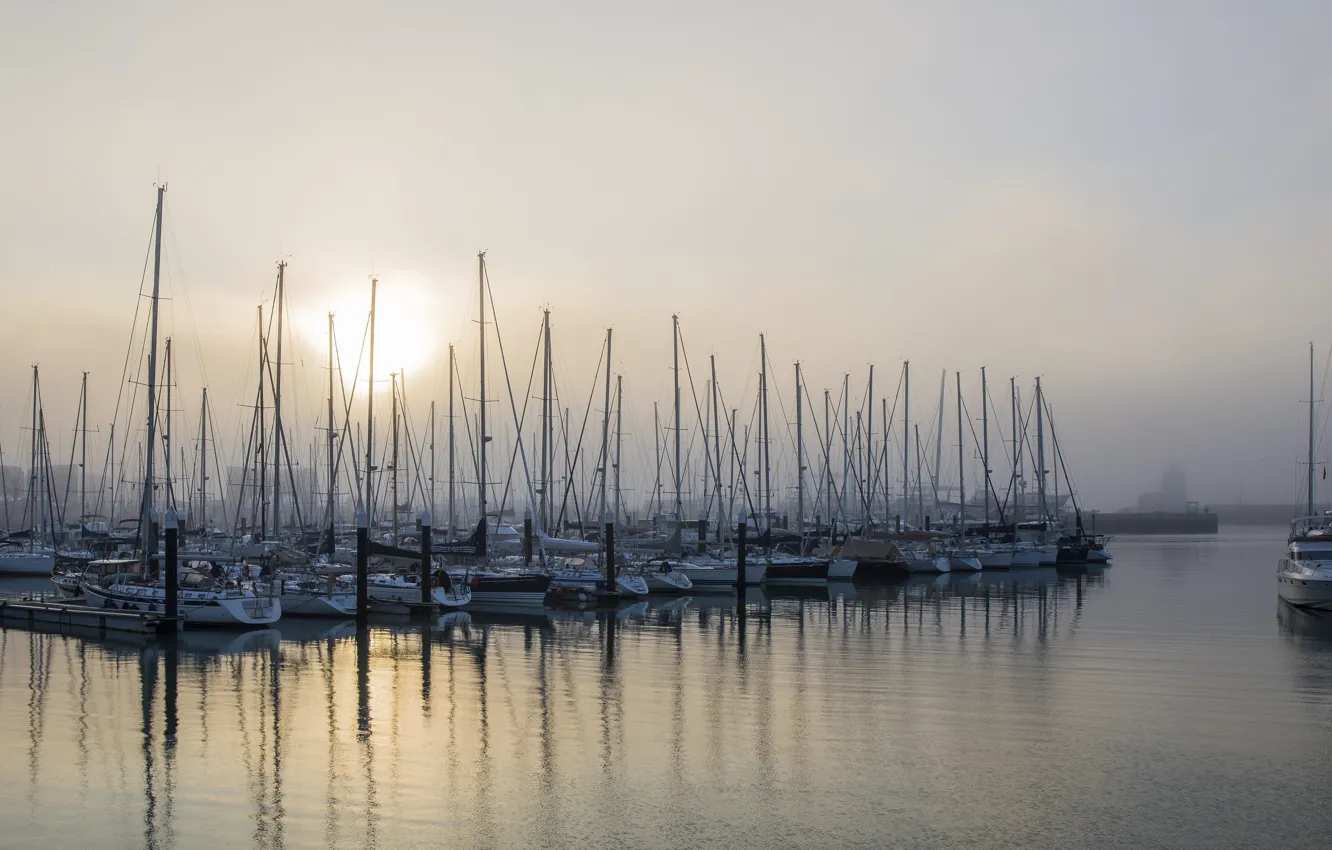 Photo wallpaper fog, boats, port