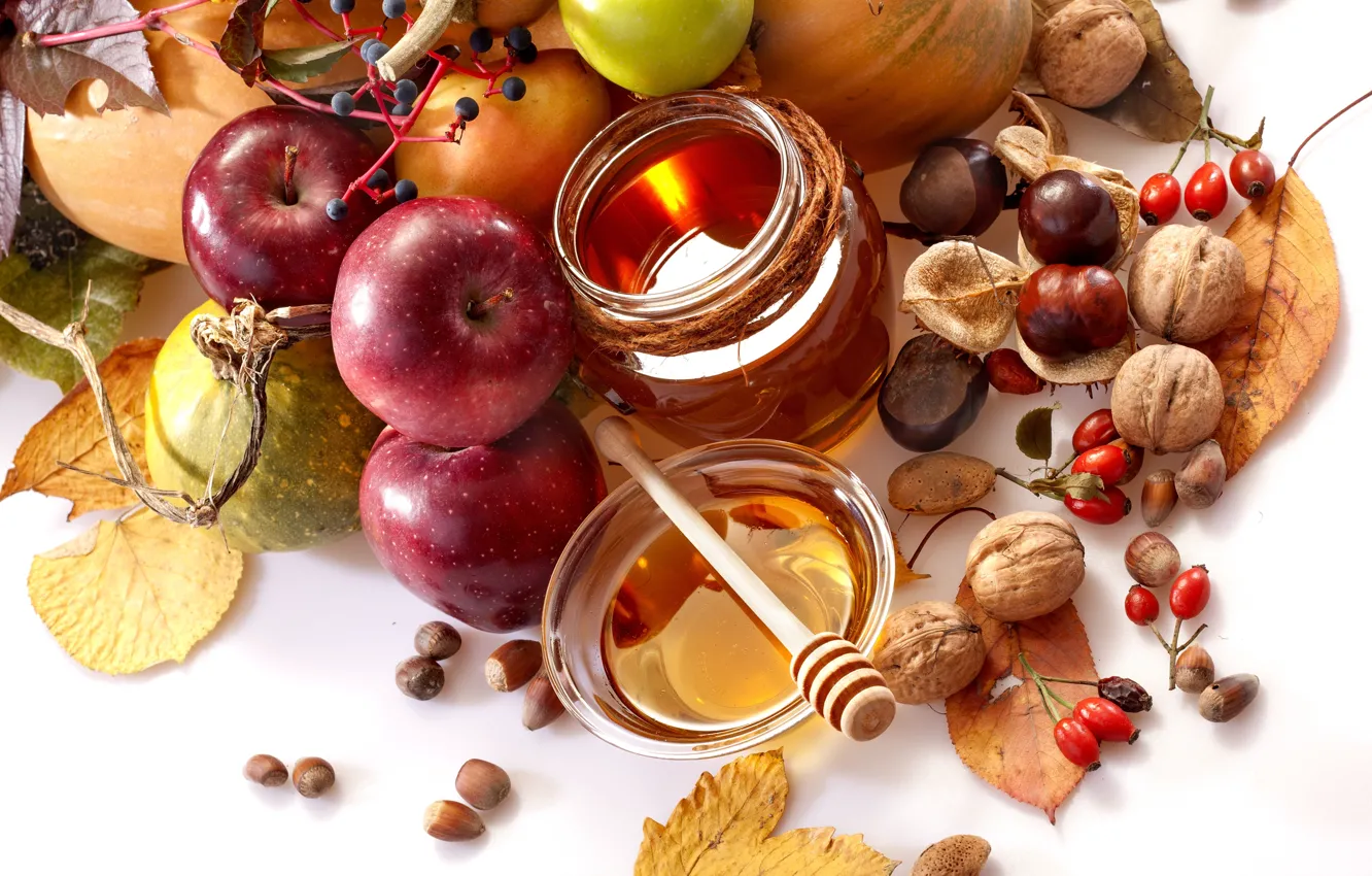 Photo wallpaper autumn, leaves, apples, food, honey, briar, spoon, fruit