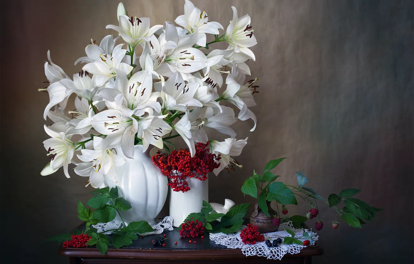 Photo wallpaper flowers, branches, berries, raspberry, Lily, still life, napkin, Kalina