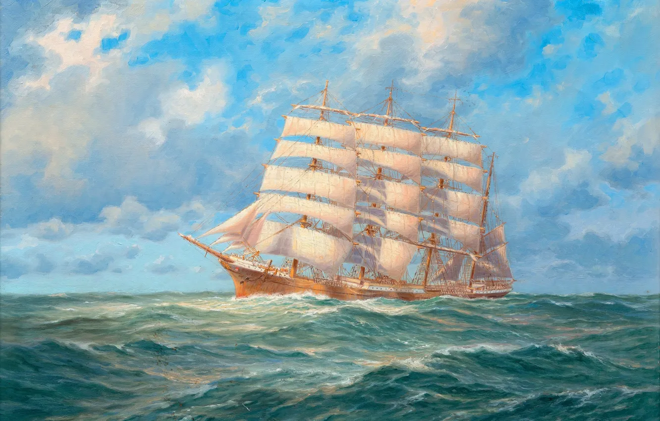 Photo wallpaper the sky, clouds, ship, sailboat, picture, horizon, canvas, sea. wave