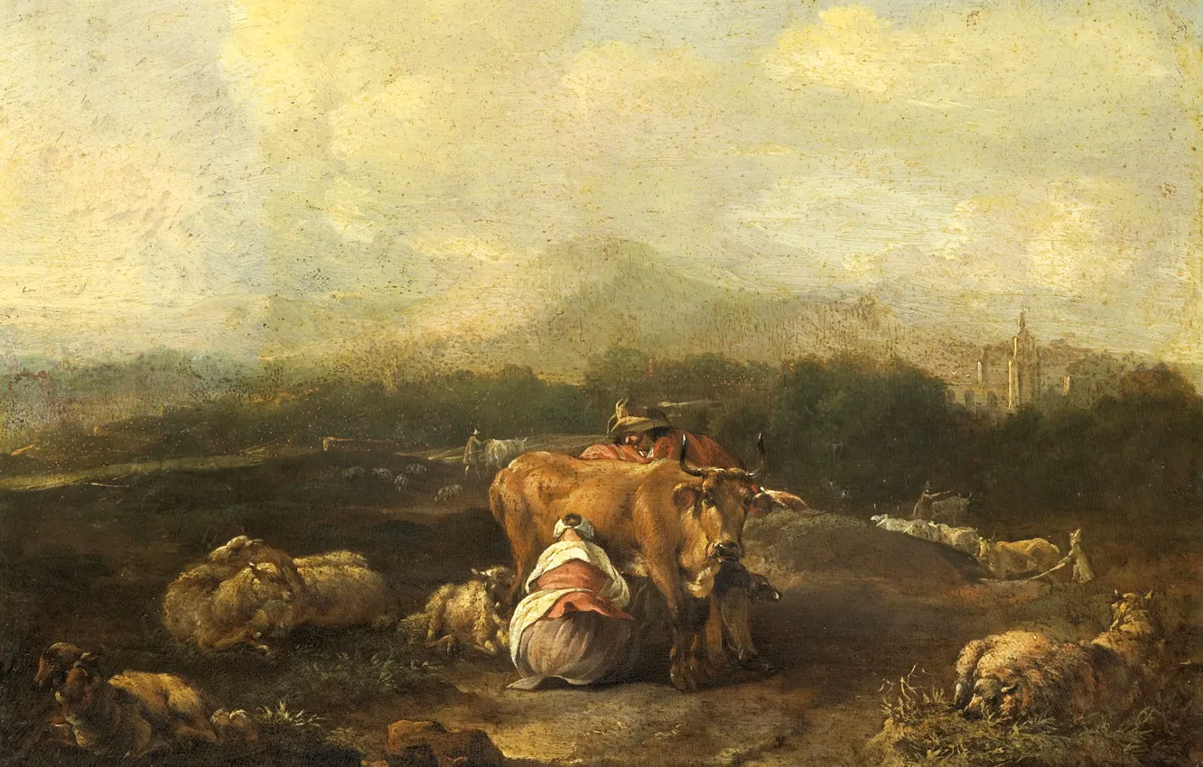 Photo wallpaper landscape, cow, picture, Nicolaes the Whole Stockade, Italian Landscape with Cattle