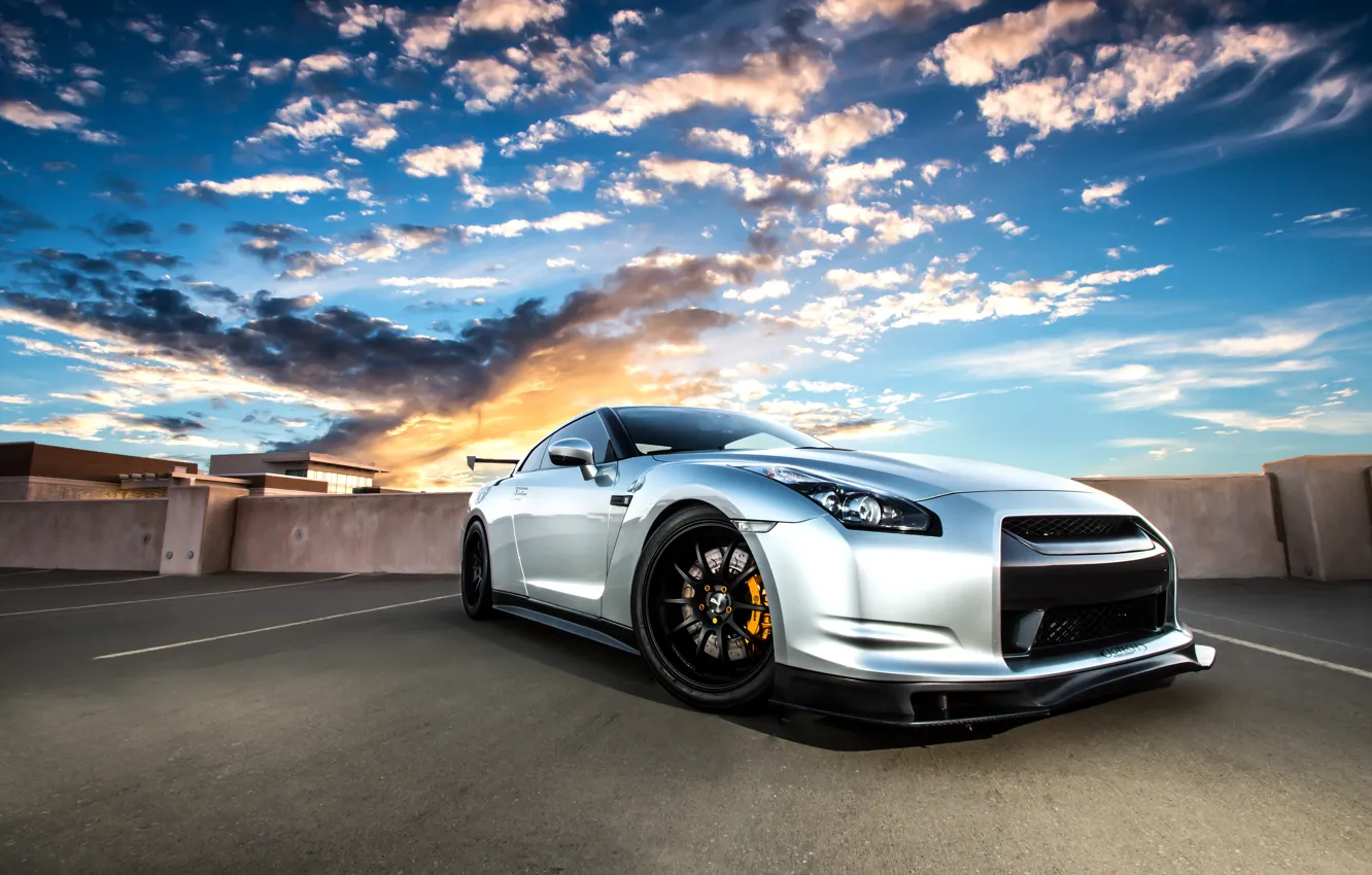 Photo wallpaper roof, the sky, clouds, sunset, silver, nissan, gt-r, GT-R