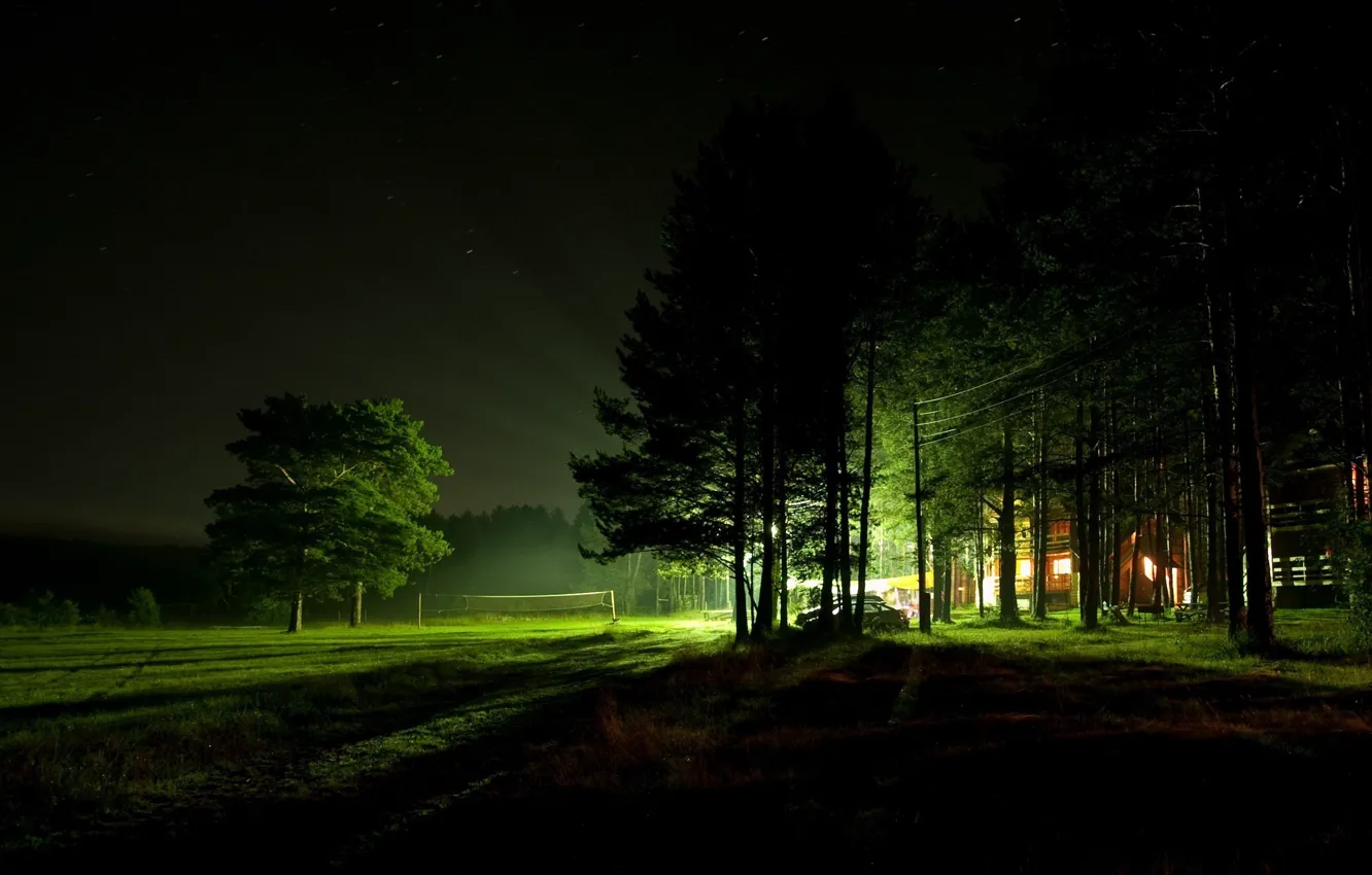 Photo wallpaper light, trees, night, house