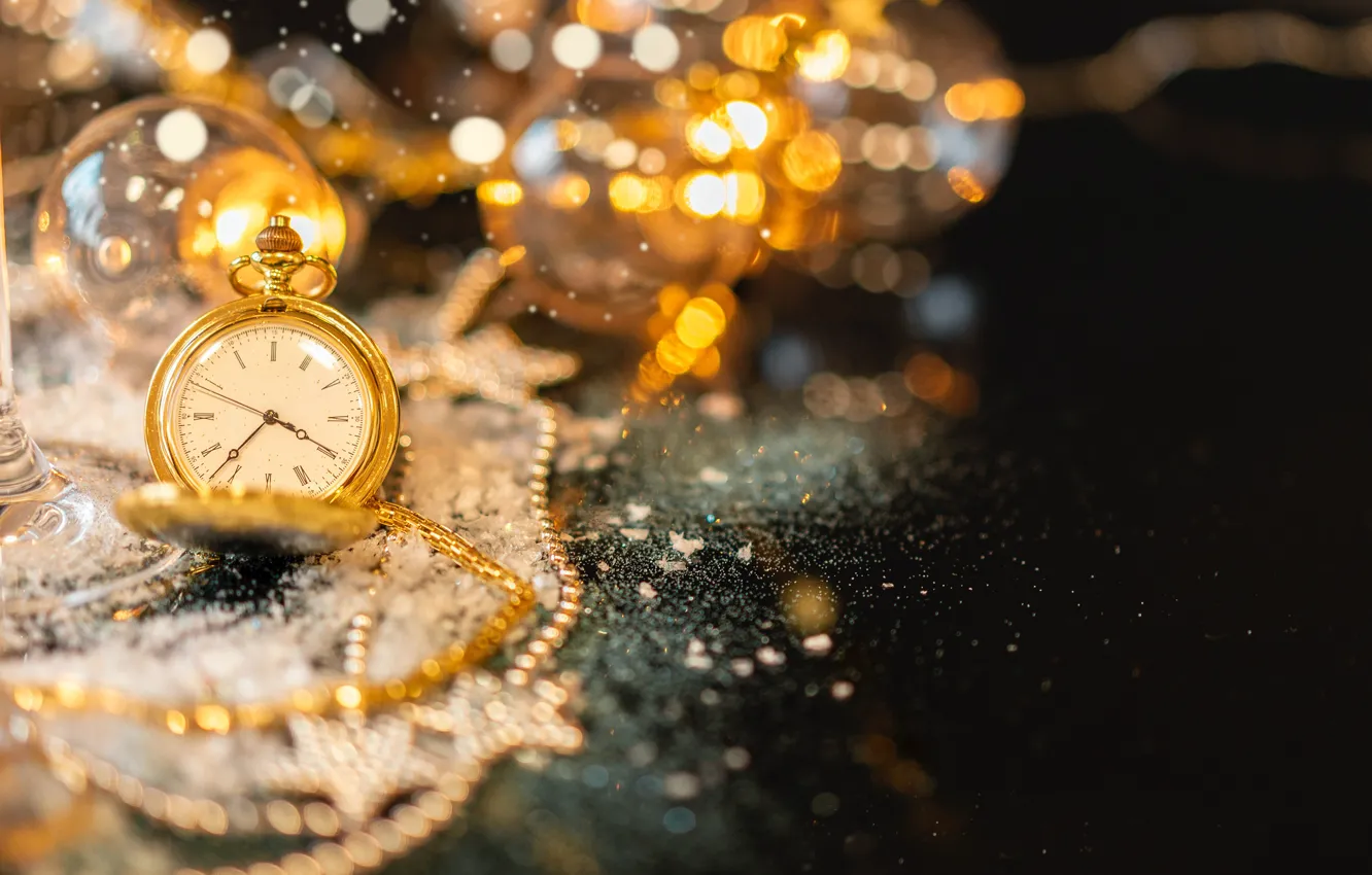 Photo wallpaper lights, the dark background, Shine, watch, glass, new year, Christmas, beads