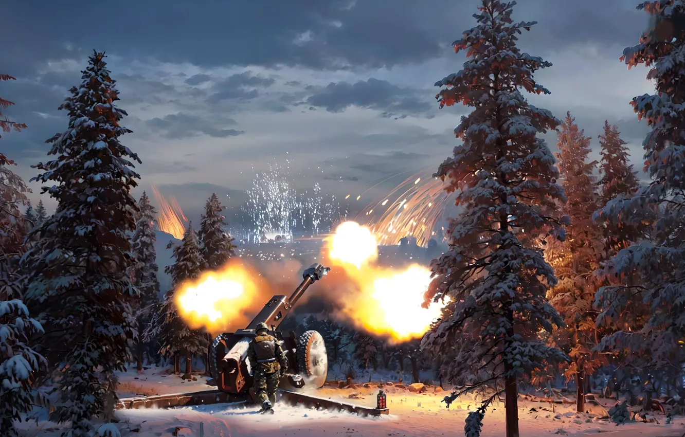 Photo wallpaper winter, snow, war, tree, new year, shot, art, soldiers