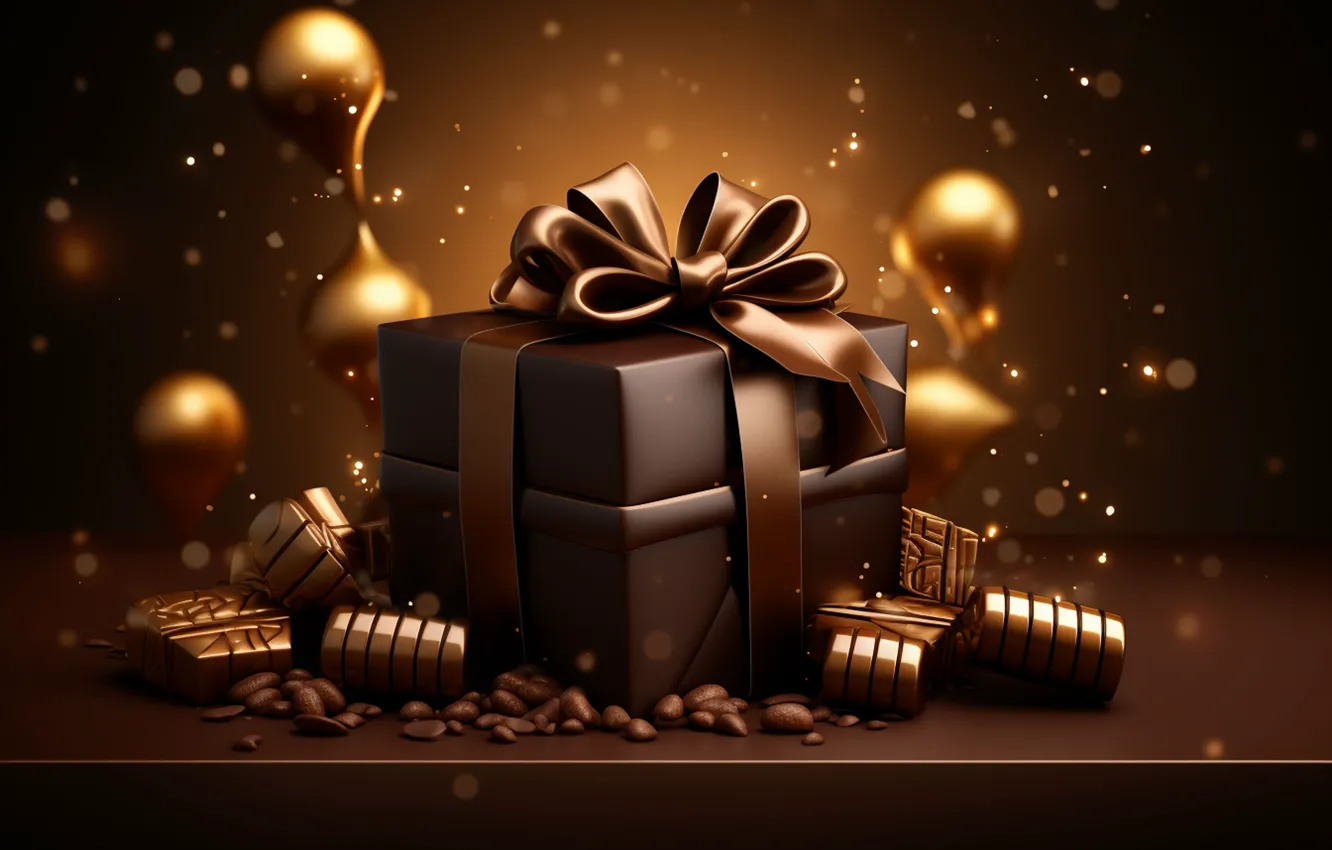 Photo wallpaper balls, the dark background, gift, new year, chocolate, Christmas, gold, gold plated