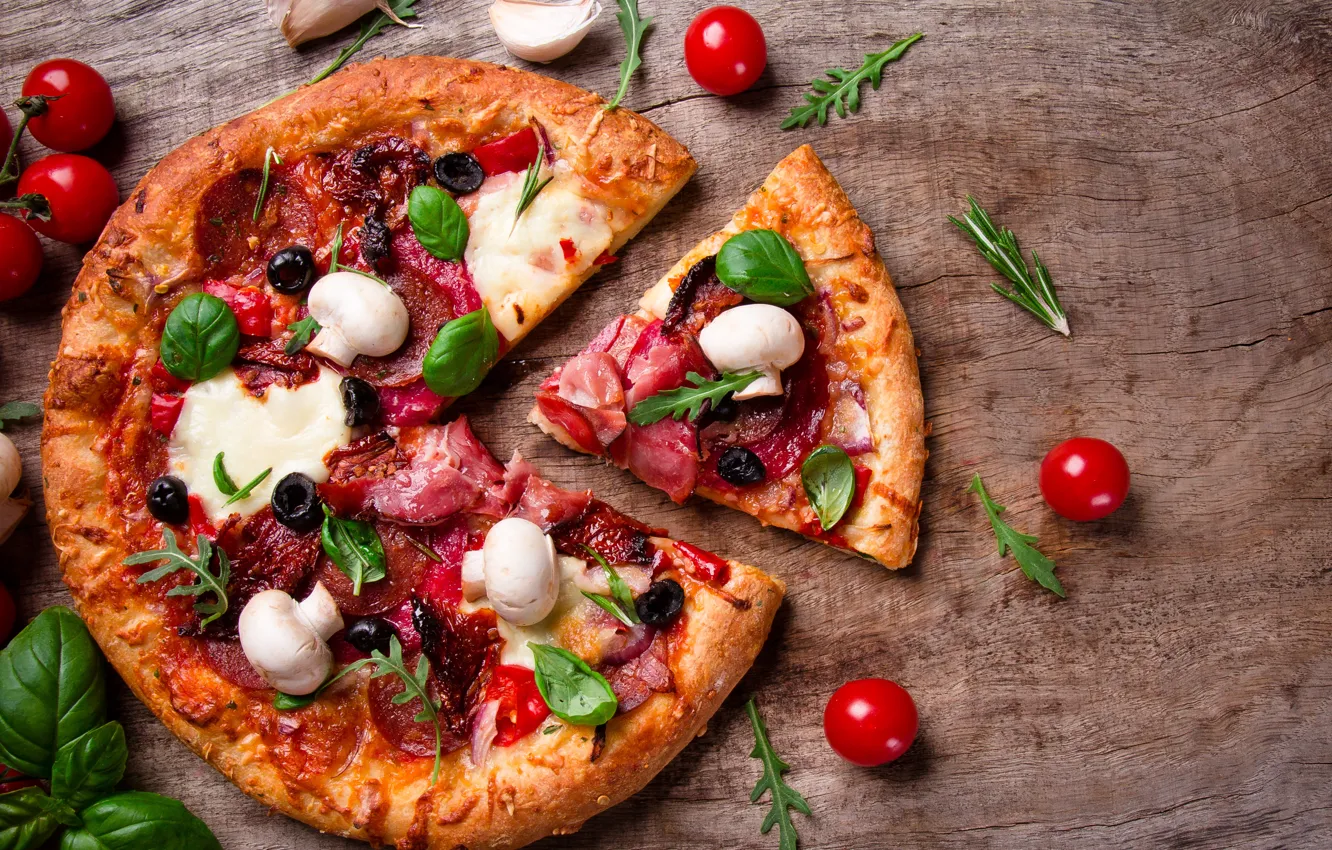 Photo wallpaper mushrooms, cheese, pizza, tomatoes, olives, mushrooms, ham, salami