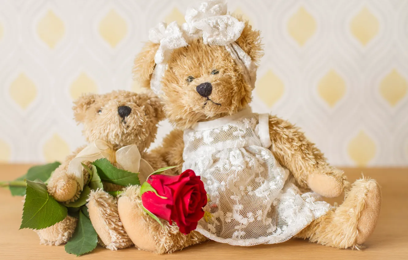 Photo wallpaper flower, toys, rose, bears, Teddy bears